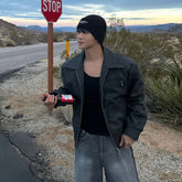 Korean Style Genuine Leather Motorcycle Lapel Jacket